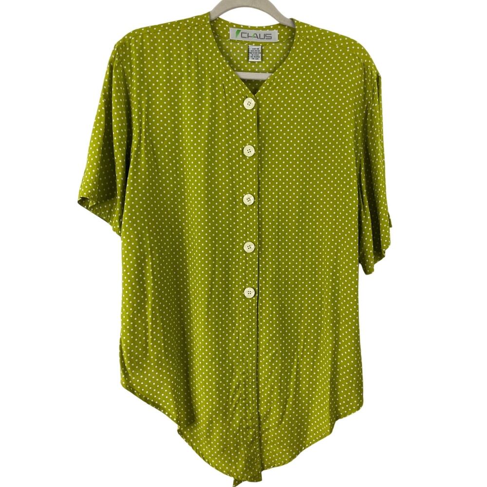 VTG Chaus Apple Green Polka Dot Button Down Blouse Size 14 Retro Pin Up